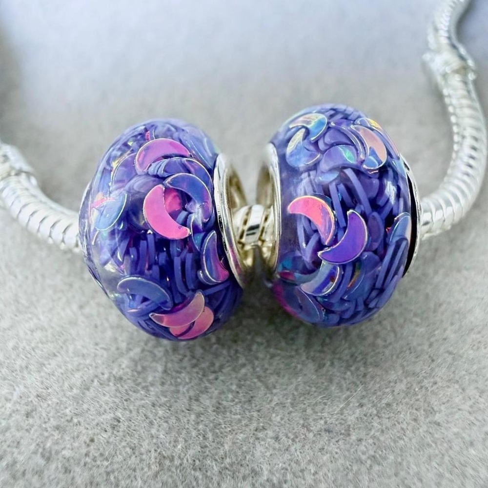 Purple Iridescent Crescent Moon Murano Glass Charms fits PANDORA Set of 2 - Picture 3 of 6